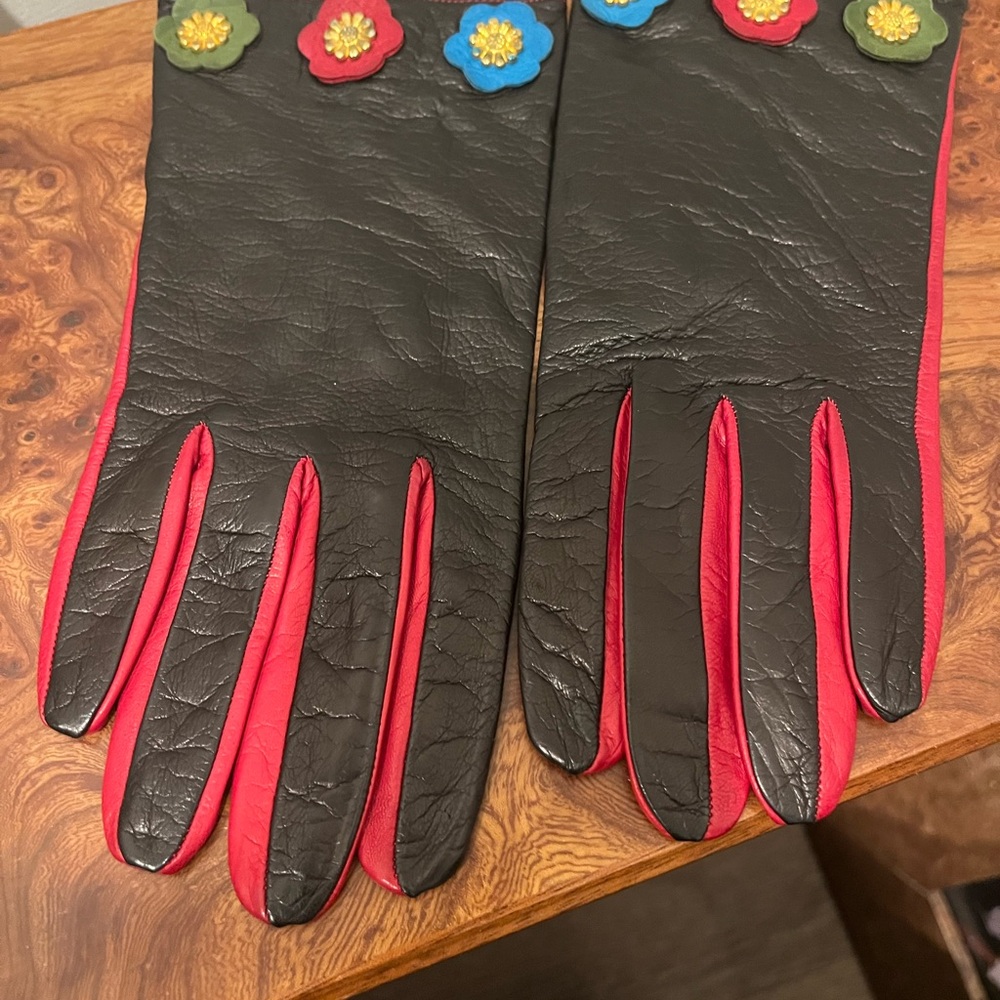 Moschino Black and Red Leather Gloves with Colorful Floral Accents